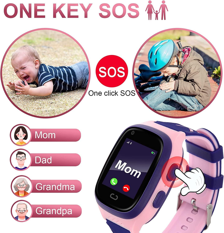 Børneur med GPS-position, kamera, SOS, opkald, skridttæller, touchscreen, videochat