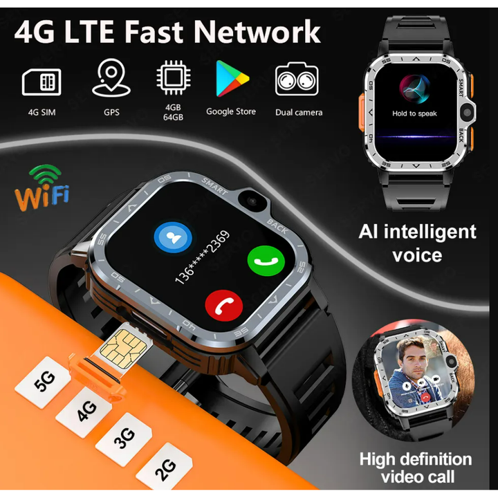 PGD SmartWatch 4G LTE GPS Wifi SIM-kort Dual Camera Robust 16/64G ROM