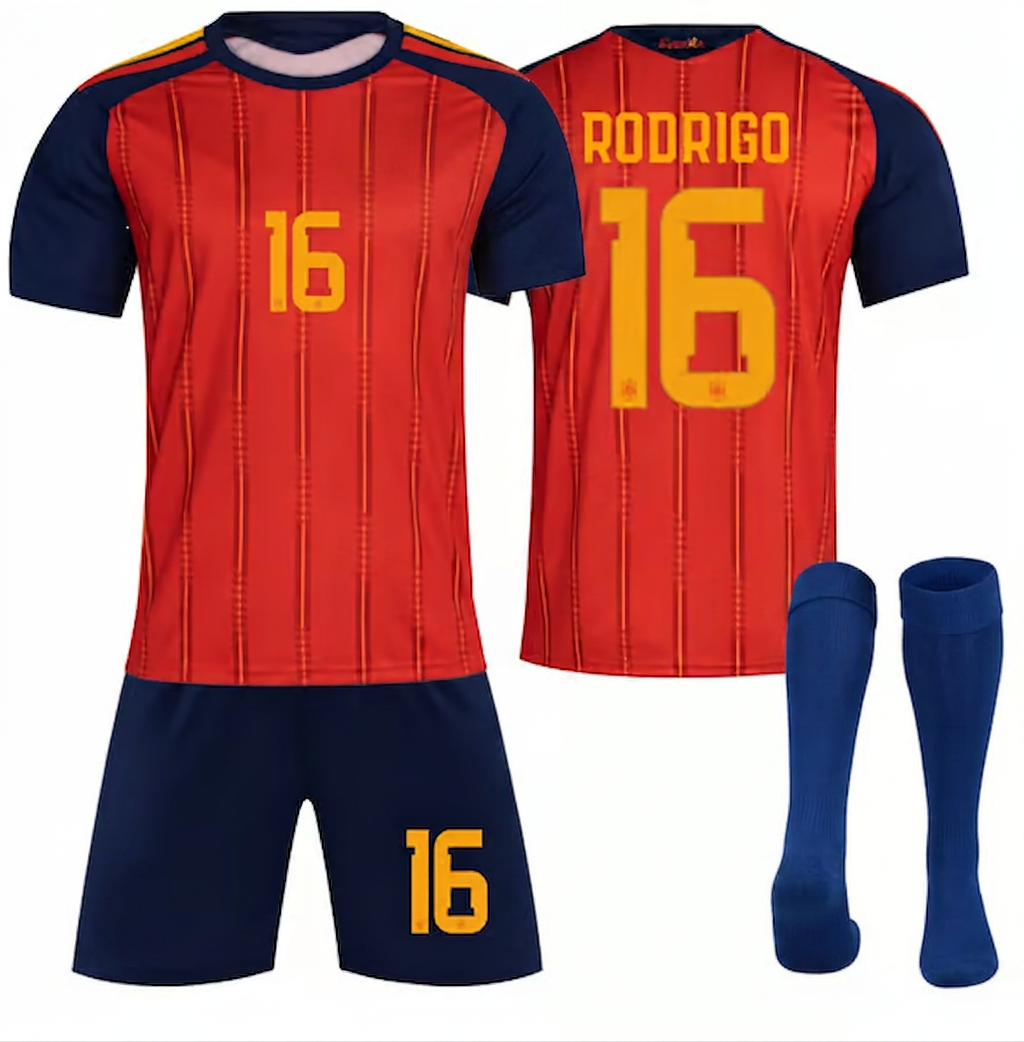Rodrigo nr 16, 3-dele fodboldstrøjer sæt -Spanien