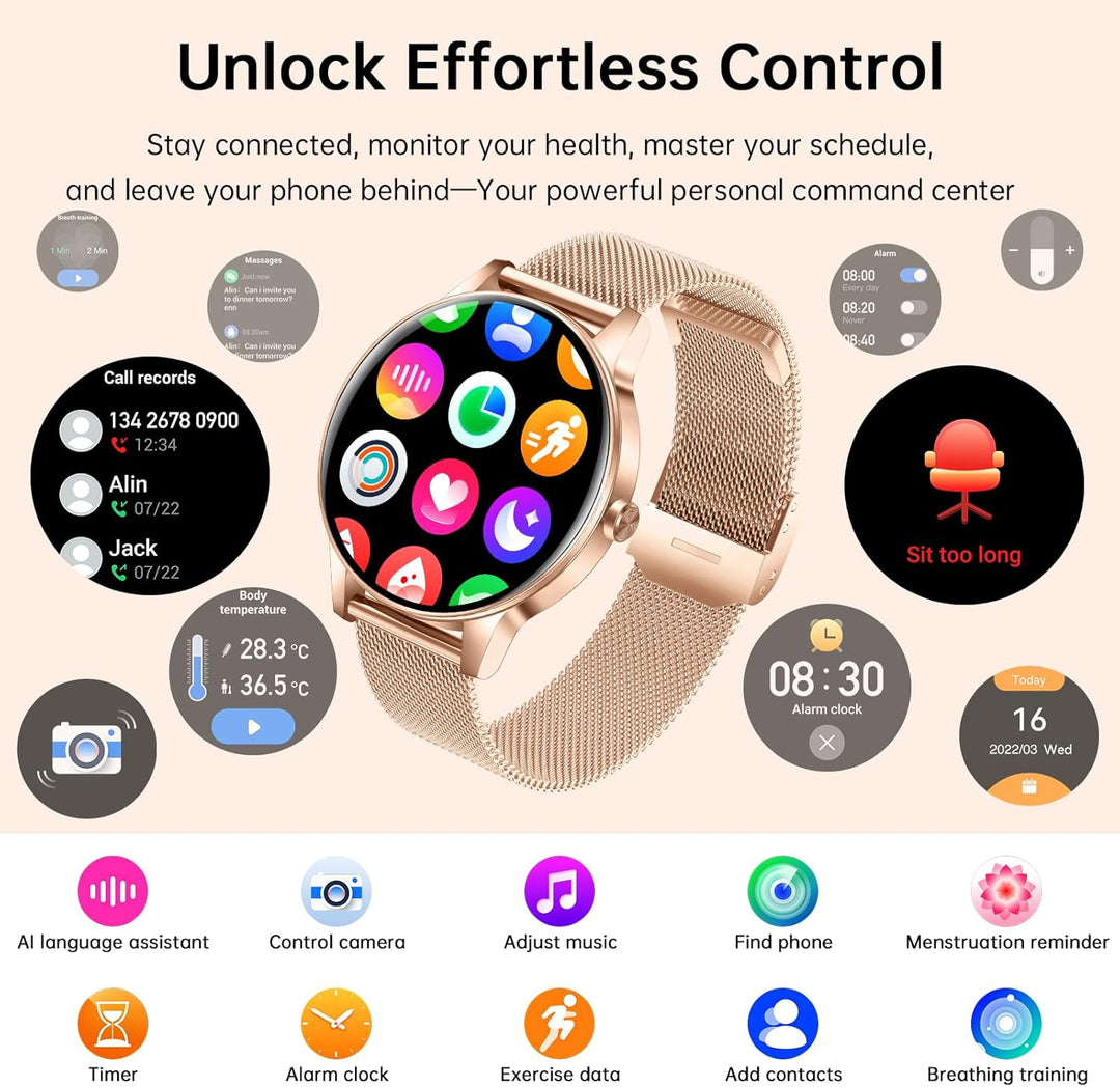 Smartur til kvinder (besvar/foretag opkald),  fitnesstracker med puls-/søvnmåler