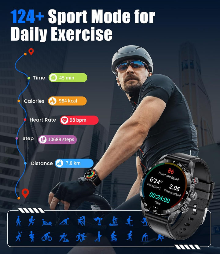 Smartwatch til mænd. Vandtæt sport fitnessur med telefonfunktion - tracker skridttæller