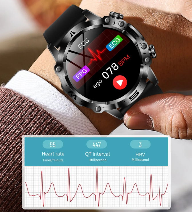 Smartur med EKG puls, blodilt, blodsukker med ægte Læderrem i