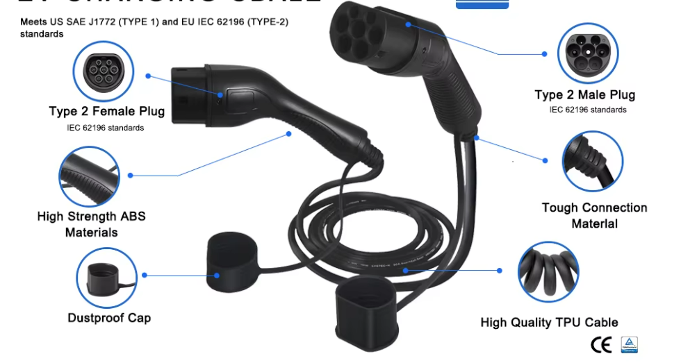 Ladekabel elbil -Type 2 opladningskabel  til 1 fase op til 16A, 3,6 kW effekt.
