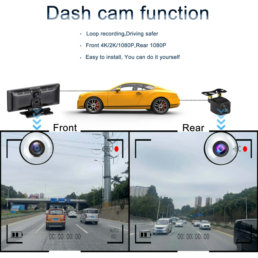 10,26" Dash Cam 4K ( 3840 X 2160P)+1080P Carplay  med GPS-navigation