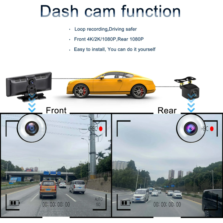 10,26" Dash Cam 4K ( 3840 X 2160P)+1080P Carplay  med GPS-navigation