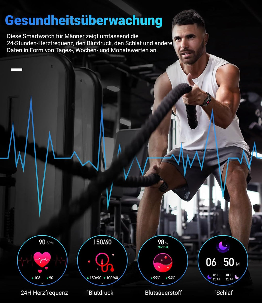 Militær smart ur med 24H puls, blodtryk, søvnvarighed, 100 sportstilstande fitnessu