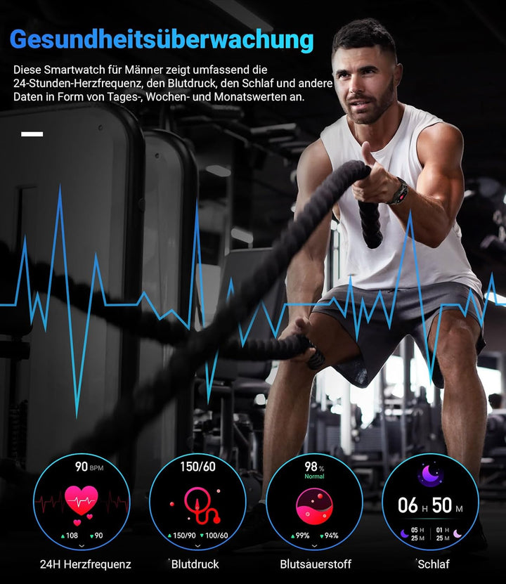Militær smart ur med 24H puls, blodtryk, søvnvarighed, 100 sportstilstande fitnessu