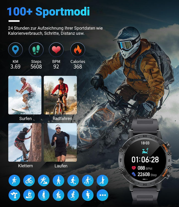 Militær smart ur med 24H puls, blodtryk, søvnvarighed, 100 sportstilstande fitnessu