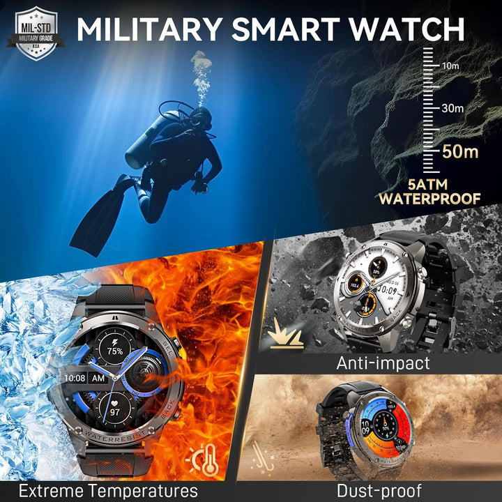 Multifunktionelt militærur til mænd-5 ATM AMOLED Screen Sport- GPS