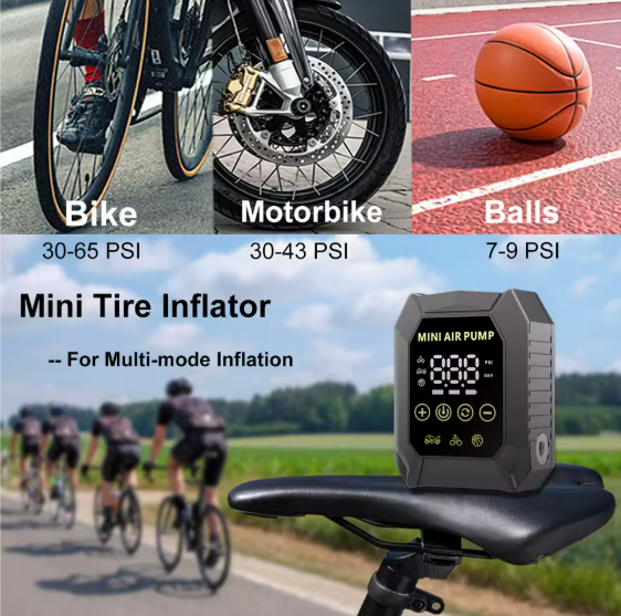 Trådløs elektrisk cykelpumpe med trykmåler, automatisk sluk og LED-lys.