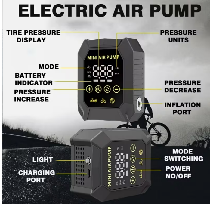 Trådløs elektrisk cykelpumpe med trykmåler, automatisk sluk og LED-lys.